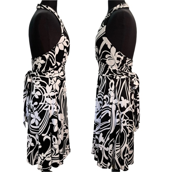 Roulette Halter Dress, Women Sz L, Black and White Floral Design, Stretch - Picture 3 of 15